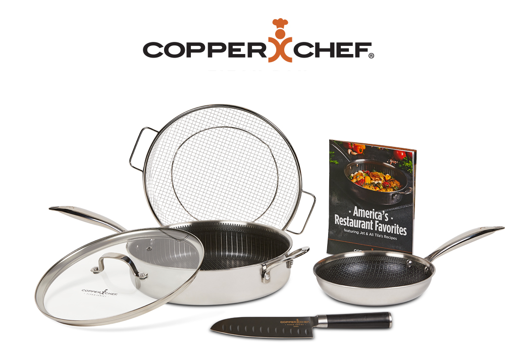 Copper Chef Titan Pans, Knife, and cooking book